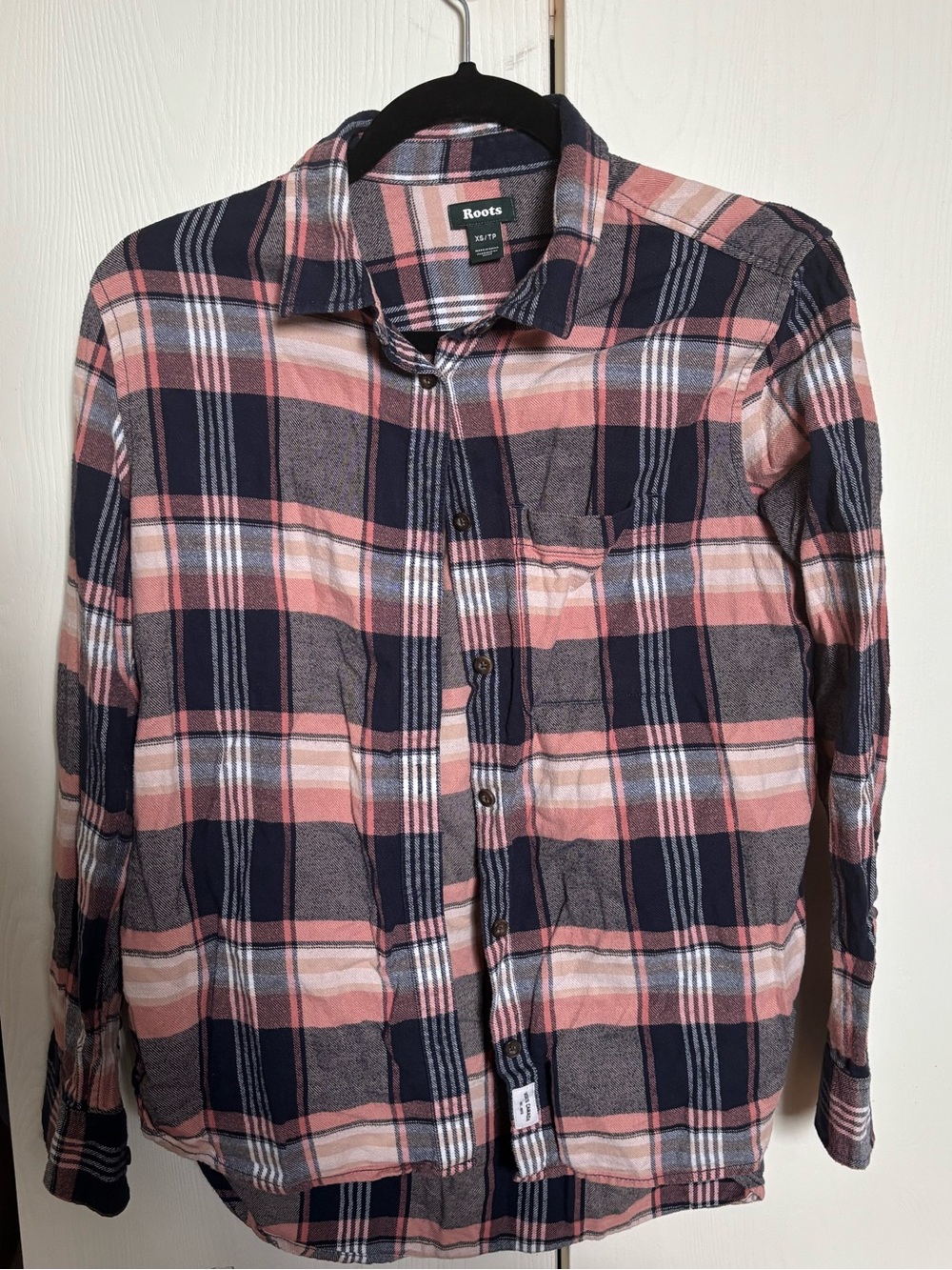 Roots Women's Pink and Navy Plaid Button-Down Shirt